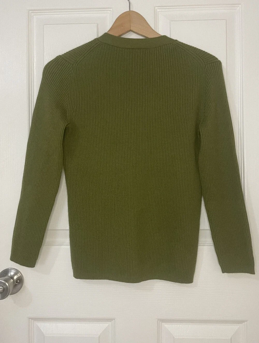Tory Burch Merino Wool Olive Green Ribbed V-Neck Cardigan Size S